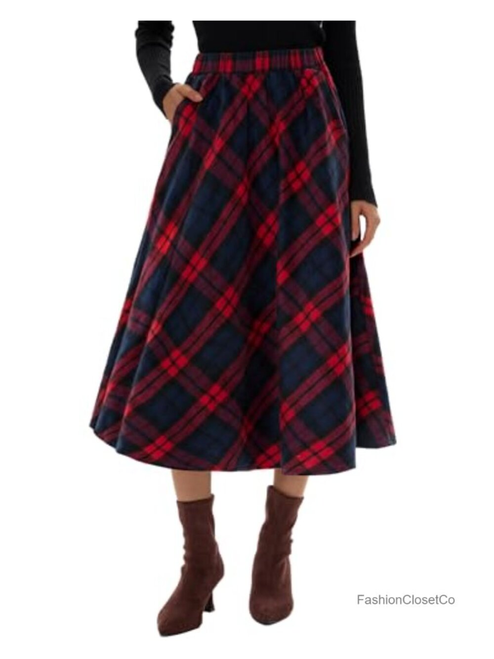 Women's Long Plaid Wool Blend A-Line Skirt High Waist Pockets